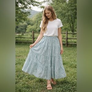 Blue Floral Tiered Maxi Skirt 1X | Boho Cottagecore Elastic Waist